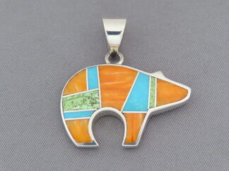 Inlaid Bear - Mid-Size Colorful Multi-Stone Inlay BEAR Pendant by Native American jeweler, Tim Charlie $240- FOR SALE