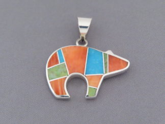Inlay Bear - Mid-Sized Colorful Multi-Stone Inlay BEAR Pendant by Native American jewelry artist, Tim Charlie $230- FOR SALE