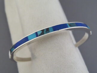 Turquoise Jewelry - Narrow Turquoise & Lapis Inlay Cuff Bracelet by Navajo Indian jeweler, Tim Charlie FOR SALE $285-