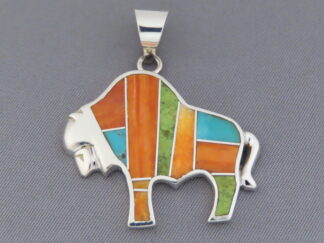 Shop BUFFALO Jewelry - Colorful Multi-Stone Inlay Bison Pendant by Native American jeweler, Tim Charlie FOR SALE $255-