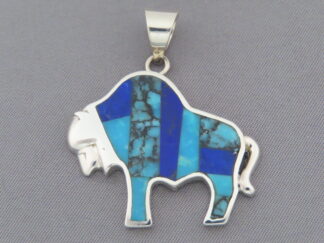 Shop Buffalo Pendant - Turquoise & Lapis Inlay Bison Pendant by Native American Indian jeweler, Tim Charlie $255- FOR SALE