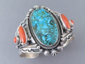 Red Coral & Kingman Turquoise Bracelet Cuff by Native American Navajo Indian jewelry artist, Aaron Toadlena $1,950- FOR SALE