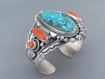 Kingman Turquoise and Coral Cuff Bracelet by Aaron Toadlena