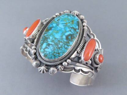 Kingman Turquoise and Coral Cuff Bracelet by Aaron Toadlena