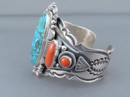 Kingman Turquoise and Coral Cuff Bracelet by Aaron Toadlena