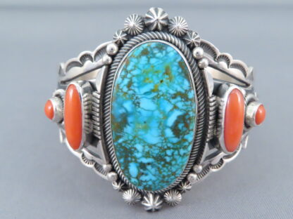 Kingman Turquoise and Coral Cuff Bracelet by Aaron Toadlena