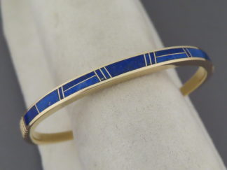 Gold Bracelet - Lapis Inlay Bracelet Cuff in 14kt Gold by Native American jewelry artist, Tim Charlie $2,995- FOR SALE
