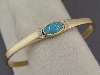 Native American Jewelry - Shop Gold Bracelet Cuff with Diamonds & Turquoise Inlay by Navajo jeweler, Peterson Chee FOR SALE $3,995-