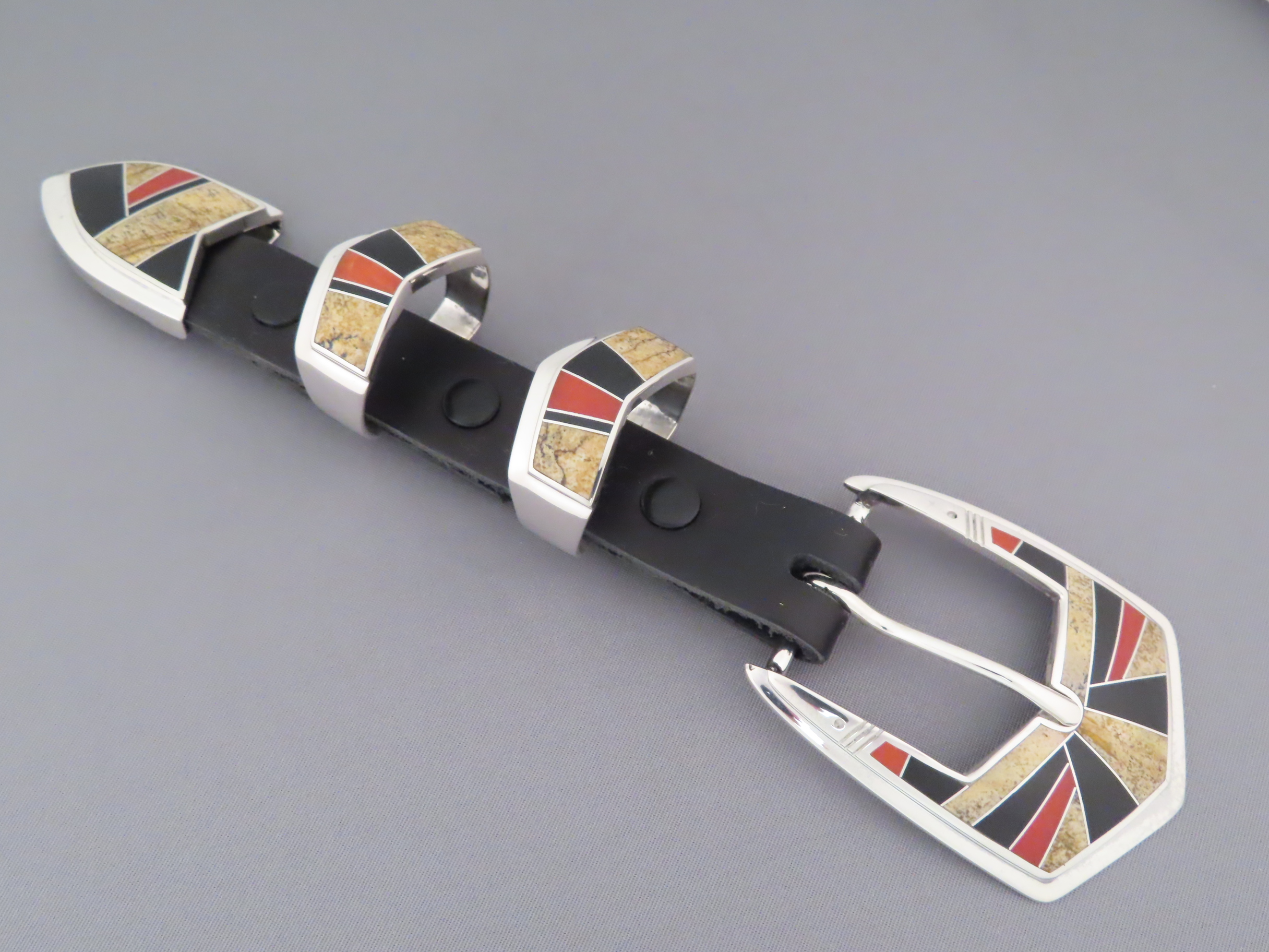 Buy Inlay Belt Buckle - Multi-Stone with Coral Inlay Ranger Buckle Set by Native American jeweler, Peterson Chee FOR SALE$895-