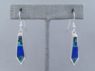 Buy Turquoise Jewelry - Long Dangling Turquoise & Lapis Inlay Earrings by Native American jeweler, Charles Willie FOR SALE $150-