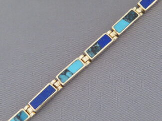 More Narrow 14kt Gold Link Bracelet with Turquoise & Lapis Inlay by Native American (Navajo) jeweler, Tim Charlie $3,450- FOR SALE