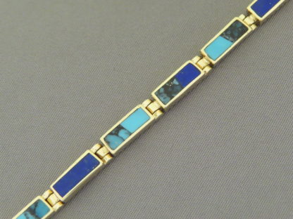 14kt Gold Link Bracelet with Turquoise & Lapis Inlay