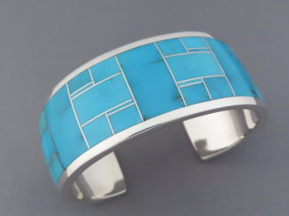 Shop Turquoise Jewelry - Wider Turquoise Inlay Bracelet Cuff by Native American Navajo Indian jeweler, Pete Chee FOR SALE $855-