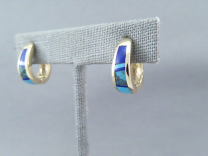 Gold Lapis & Turquoise Inlay Earrings ‘Huggies’