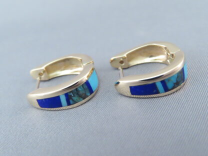 Gold Lapis & Turquoise Inlay Earrings ‘Huggies’