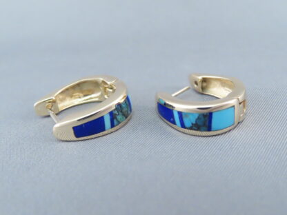 Gold Lapis & Turquoise Inlay Earrings ‘Huggies’