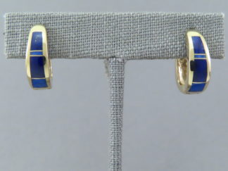 Gold Earrings - 14kt Gold Lapis Inlay Huggies Earrings by Native American jewelry artist, Tim Charlie FOR SALE $1,450-
