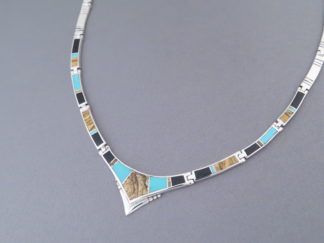Shop Native American Jewelry - Multi-Stone with Turquoise Inlay Necklace in Sterling Silver by Navajo Jeweler, Charles Willie FOR SALE $740-