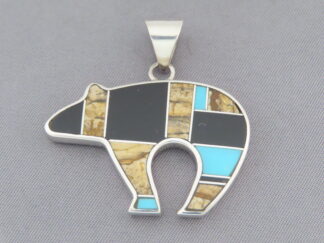 Shop Inlaid Bear - Multi-Stone Inlay Bear Pendant with Turquoise by Native American jeweler, Charles Willie FOR SALE $255-