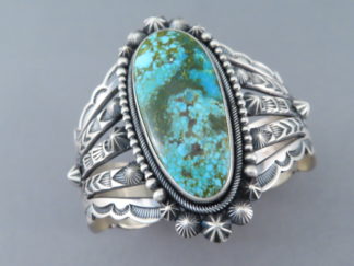 Buy Turquoise Jewelry - Impressive Greener Kingman Turquoise Cuff Bracelet by Native American jeweler, Aaron Toadlena FOR SALE $1,195-