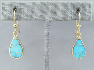 14kt Gold Turquoise Inlay Earrings (teardrops) by Native American jewelry artist, Tim Charlie $1,100- FOR SALE