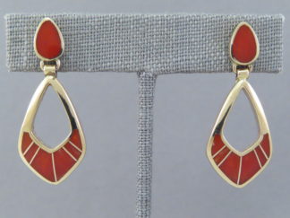 Buy Gold Jewelry - 14kt Gold Coral Inlay Earrings by Native American Indian Jeweler, Peterson Chee FOR SALE $1,850-