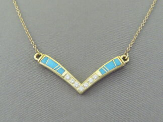 Diamond & Turquoise Inlay Necklace in 14kt Gold