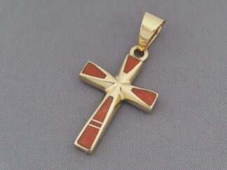 Gold Cross Pendant with Coral Inlay