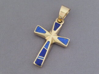 Buy Gold Cross - Lapis Inlay Cross Pendant in 14kt Gold by Native American Jewelry Artist, Peterson Chee FOR SALE $995-