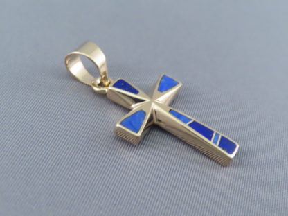 14kt Gold Cross Pendant with Lapis Inlay