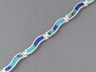 Turquoise Jewelry - 'Wavy' Turquoise & Lapis Inlay Link Bracelet by Native American jewelry artist, Tim Charlie FOR SALE $460-