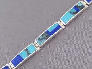 Turquoise Jewelry - Wider Turquoise & Lapis Inlay Link Bracelet by Navajo Indian jeweler, Tim Charlie $510- FOR SALE