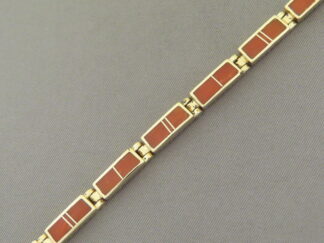 Shop Gold Bracelet - 14kt Gold Coral Inlay Link Bracelet by Native American (Navajo) jewelry artist, Tim Charlie FOR SALE $4,200-