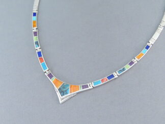 Shop Inlaid Jewelry - Multi-Color Inlay Necklace in Sterling Silver by Native American jeweler, Charles Willie FOR SALE $795-