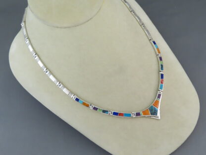 Multi-Color Inlay Necklace in Sterling Silver