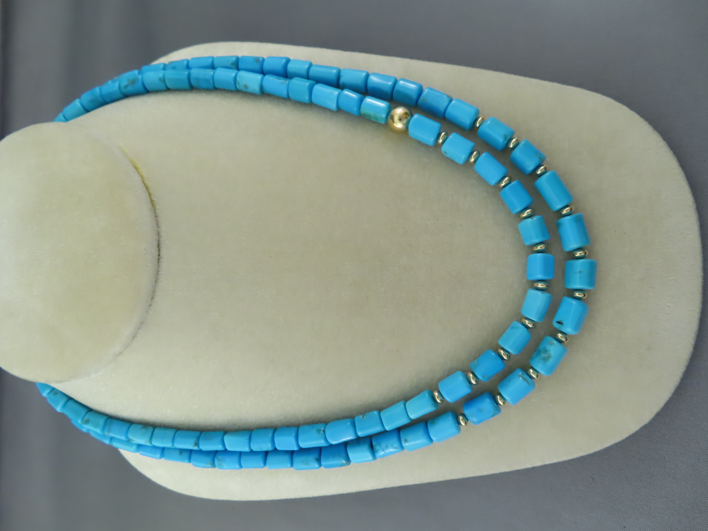 Double-Strand Nested Sleeping Beauty Turquoise & Gold Necklace by Native American jewelers, Pilar Lovato & Curtis Pete $3,975- FOR SALE
