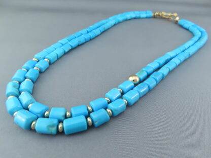 Double Strand Sleeping Beauty Turquoise Necklace with Gold