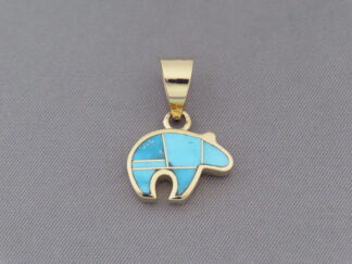 Shop Gold Bear - Turquoise Inlay 14kt Gold BEAR Slider Pendant by Native American Indian jeweler, Peterson Chee FOR SALE $895-