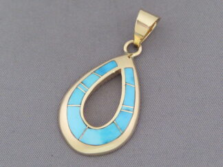 14kt Gold Pendant with Turquoise Inlay by Native American Navajo Indian jewelry artist, Tim Charlie $1,695- FOR SALE