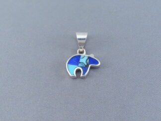 Shop Native American Jewelry - Tiny Turquoise & Lapis Inlay BEAR Pendant by Navajo jeweler, Pete Chee $99- FOR SALE