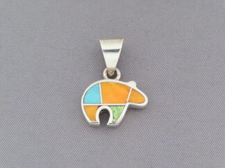 Multi-Color Bear Slider - Native American Jewelry - Colorful Multi-Stone Inlay BEAR Pendant FOR SALE $115-