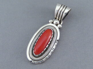 Oval Sterling Silver & Coral Pendant by Native American (Navajo) jewelry artist, Will Vandever $450- FOR SALE