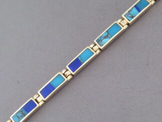 Shop Gold Bracelet - Turquoise & Lapis Inlay Link Bracelet in 14kt Gold by Native American jeweler, Tim Charlie $4,200- FOR SALE