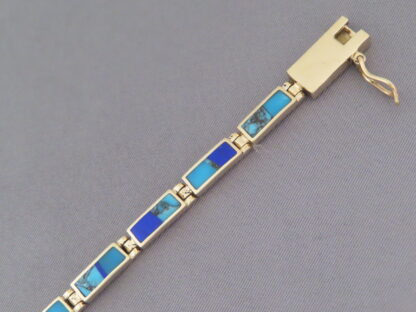 14kt Gold Link Bracelet with Turquoise & Lapis Inlay
