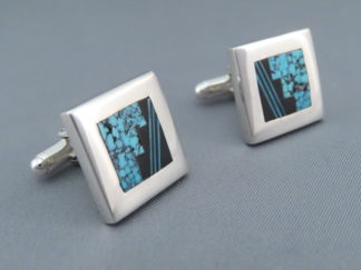 Finely Inlaid Black Jade & Turquoise Inlay Cufflinks by Native American Jewelry Artist, Charles Willie FOR SALE $375-