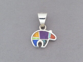 Inlay Bear - Small Inlaid Multi-Color BEAR Slider Pendant by Native American jeweler, Pete Chee $115- FOR SALE