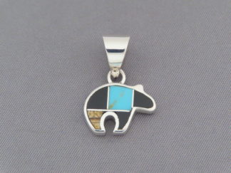 Small Multi-Stone Inlay BEAR Pendant with Turquoise by Native American jewelry artist, Peterson Chee $99- FOR SALE