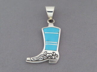 Cowboy Boot Pendant - Turquoise Inlay Boot Slider Pendant by Native American jeweler, Peterson Chee FOR SALE $140-