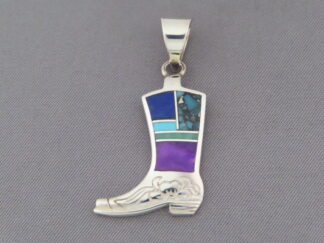Inlay Boot Pendant - Inlaid Multi-Stone Cowgirl Boot Pendant Slider by Native American jeweler, Pete Chee $140- FOR SALE