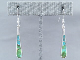 Buy Turquoise Jewelry - Long Green Turquoise Inlay Earrings (hooks) by Native American jeweler, Tim Charlie $190- FOR SALE